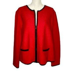 Vintage Red Wool Cardigan Sweater Jacket Black Trim Full Zip L Holiday Christmas